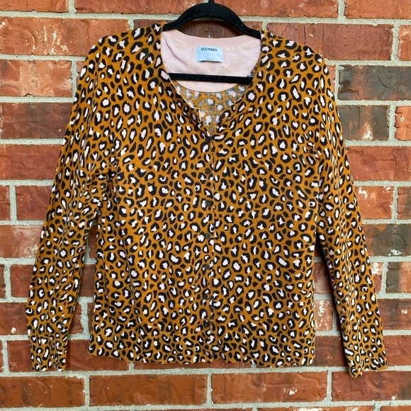 Old Navy Womens Large Mustard Leopard Animal Print Vneck Cardigan Sweater - Picture 8 of 8